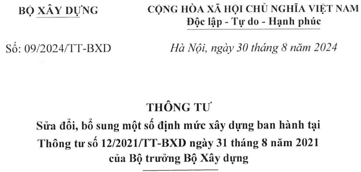 Thông tư số 09/2024/TTBXD ngày 30 tháng 8 năm 2024 Về việc sửa đổi bổ