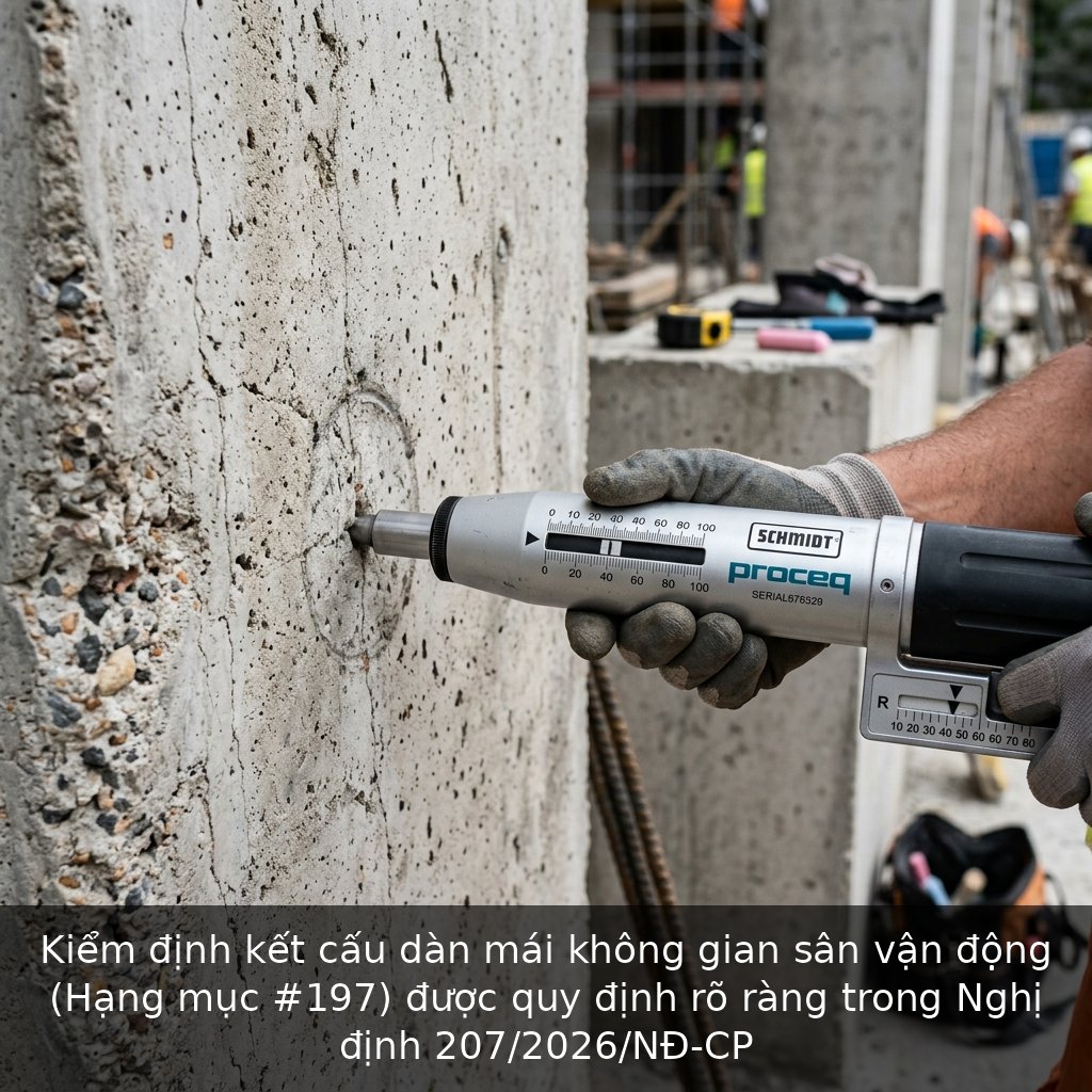 Kiểm định kết cấu dàn mái không gian sân vận động (Hạng mục #197) được quy định rõ ràng trong Nghị định 207/2026/NĐ-CP