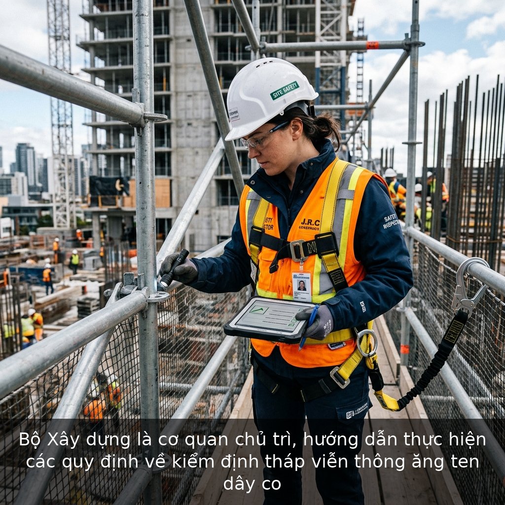 Bộ Xây dựng là cơ quan chủ trì, hướng dẫn thực hiện các quy định về kiểm định tháp viễn thông ăng ten dây co