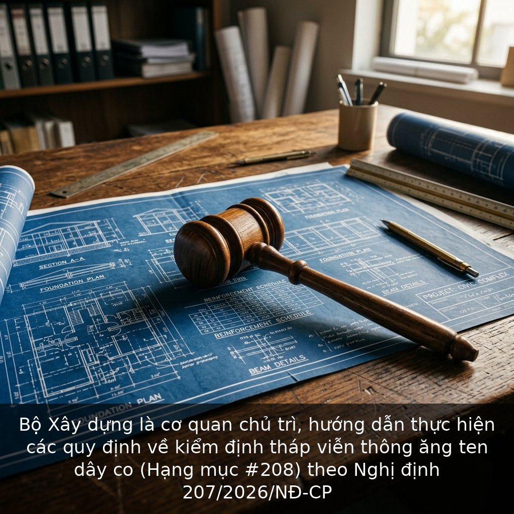 Bộ Xây dựng là cơ quan chủ trì, hướng dẫn thực hiện các quy định về kiểm định tháp viễn thông ăng ten dây co (Hạng mục #208) theo Nghị định 207/2026/NĐ-CP