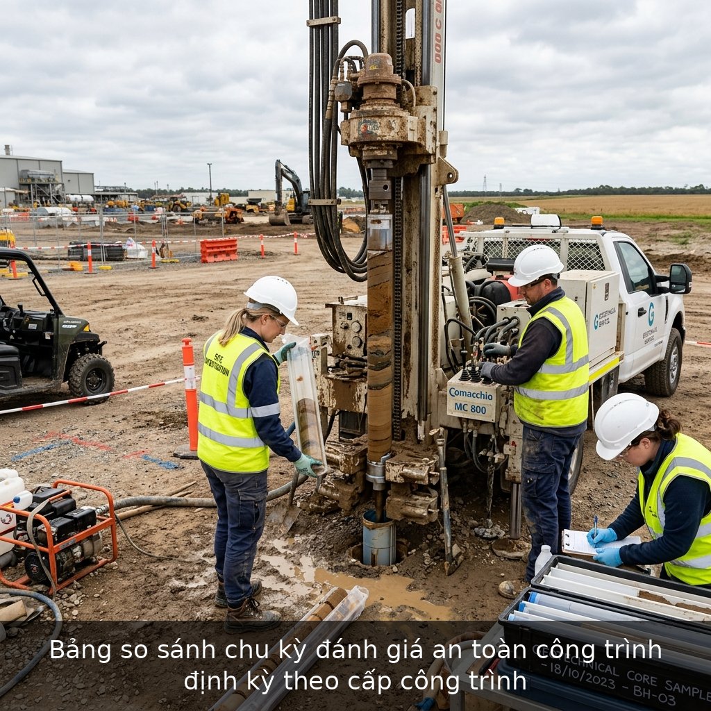 Bảng so sánh chu kỳ đánh giá an toàn công trình định kỳ theo cấp công trình
