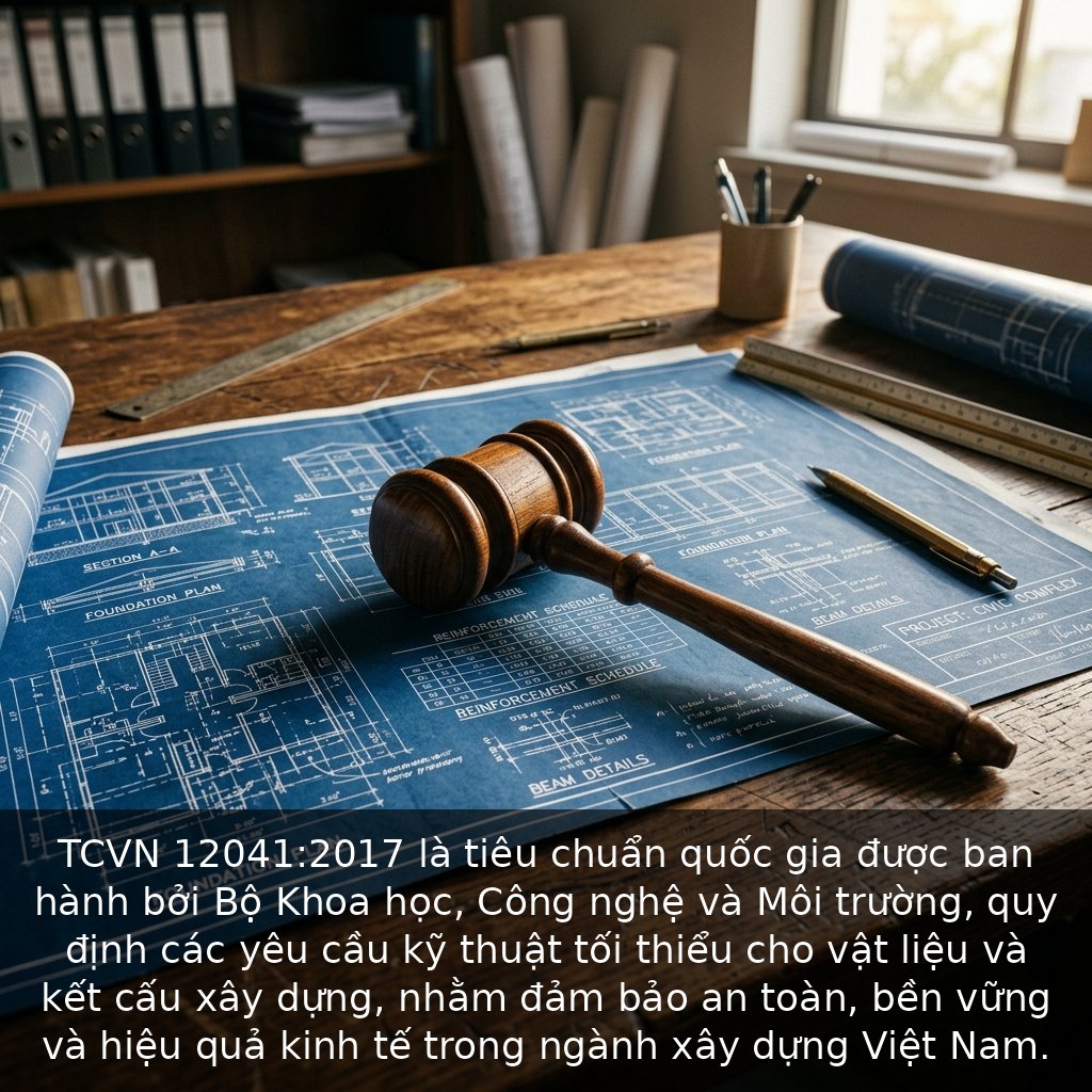 TCVN 12041:2017 là tiêu chuẩn quốc gia được ban hành bởi Bộ Khoa học, Công nghệ và Môi trường, quy định các yêu cầu kỹ thuật tối thiểu cho vật liệu và kết cấu xây dựng, nhằm đảm bảo an toàn, bền vững và hiệu quả kinh tế trong ngành xây dựng Việt Nam.