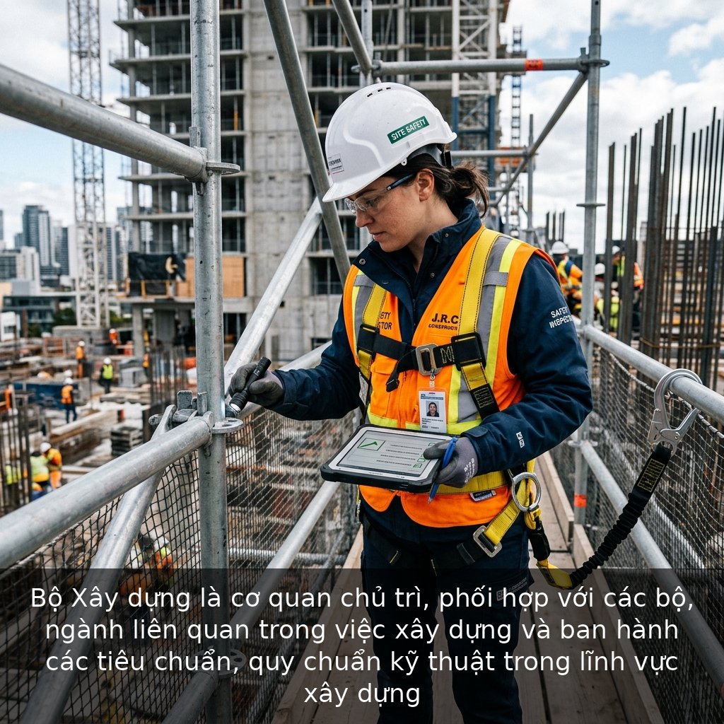 Bộ Xây dựng là cơ quan chủ trì, phối hợp với các bộ, ngành liên quan trong việc xây dựng và ban hành các tiêu chuẩn, quy chuẩn kỹ thuật trong lĩnh vực xây dựng