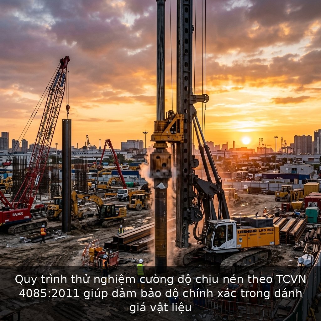 Quy trình thử nghiệm cường độ chịu nén theo TCVN 4085:2011 giúp đảm bảo độ chính xác trong đánh giá vật liệu