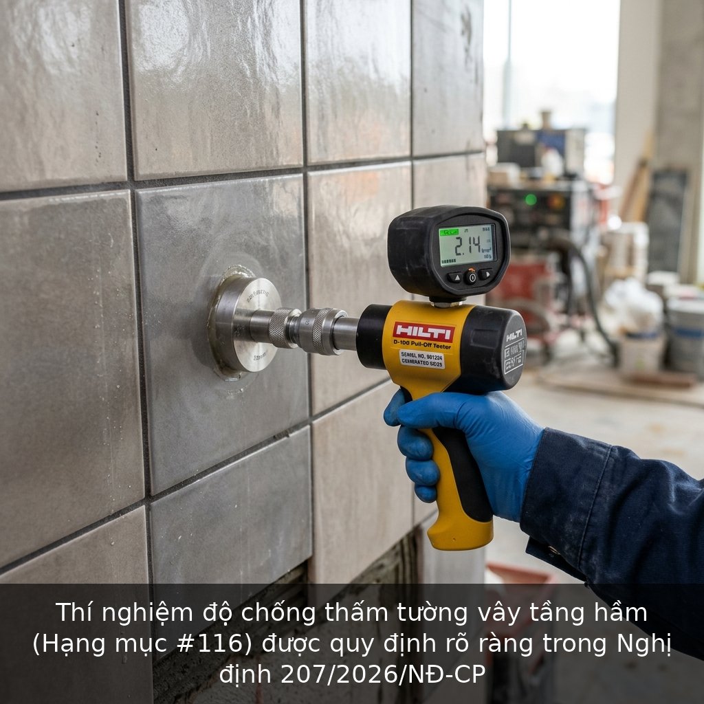 Thí nghiệm độ chống thấm tường vây tầng hầm (Hạng mục #116) được quy định rõ ràng trong Nghị định 207/2026/NĐ-CP