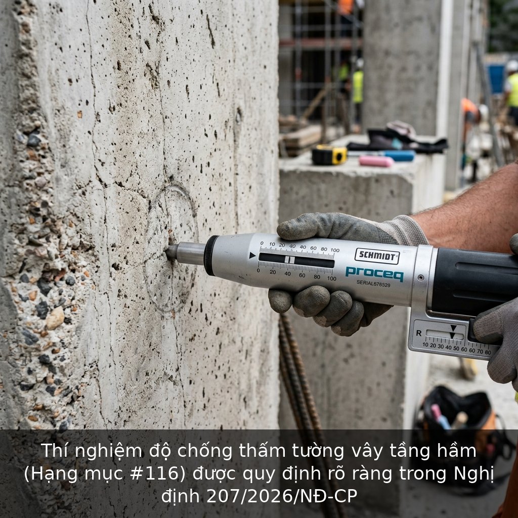 Thí nghiệm độ chống thấm tường vây tầng hầm (Hạng mục #116) được quy định rõ ràng trong Nghị định 207/2026/NĐ-CP